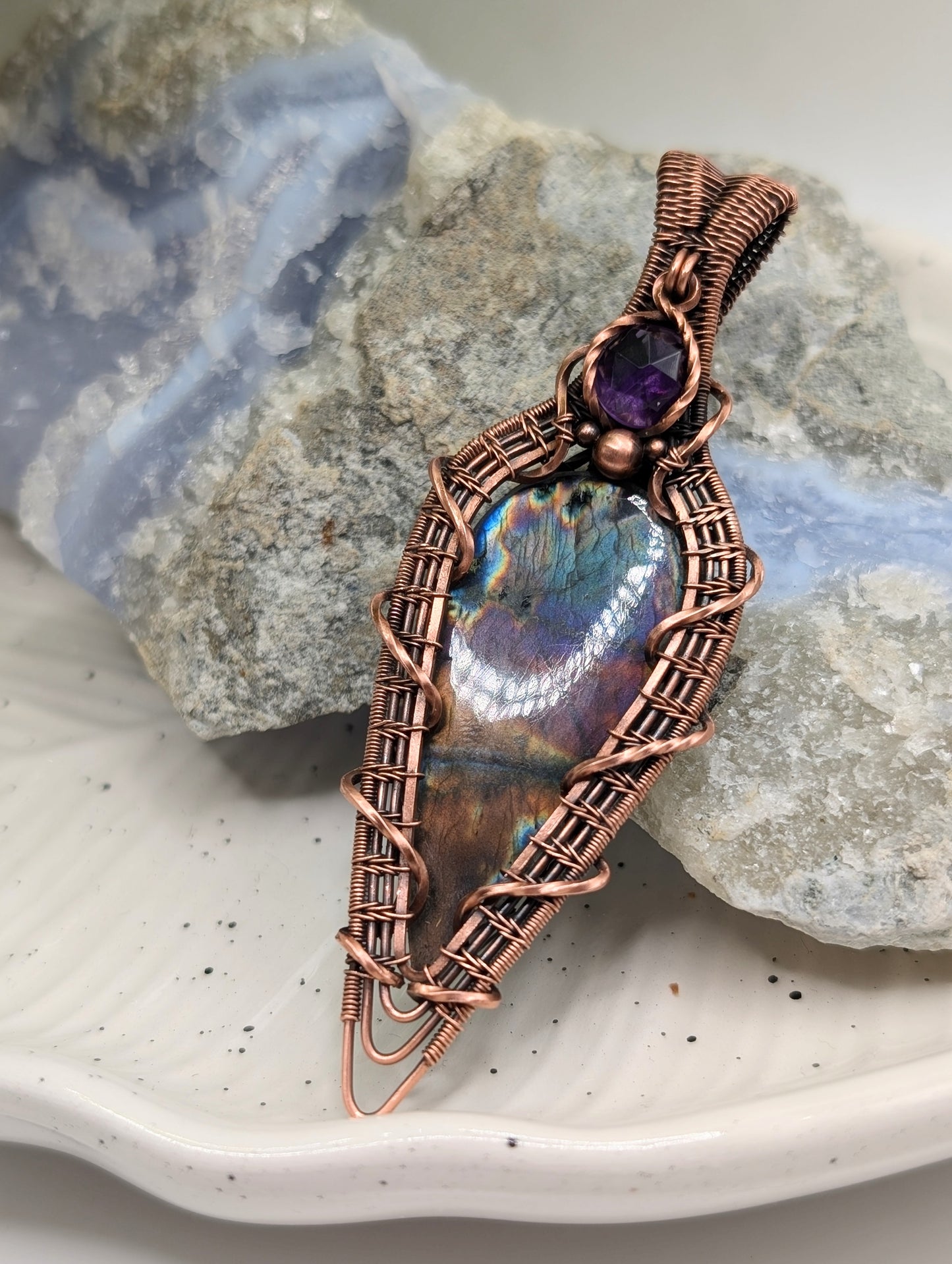 Labradorite & Amethyst Antiqued Copper Pendant