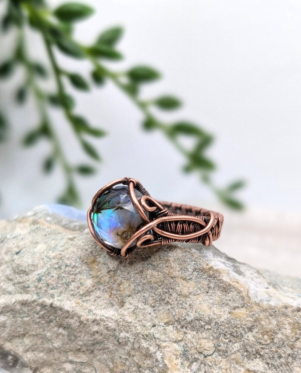 Abelone & Clear Quartz Doublet wrapped in Oxidised Copper