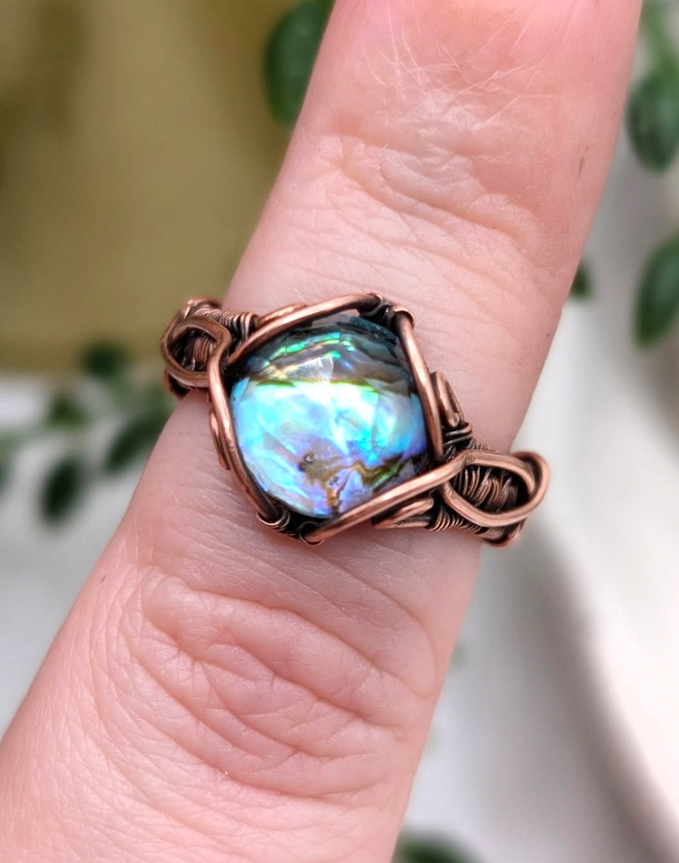 Abelone & Clear Quartz Doublet wrapped in Oxidised Copper