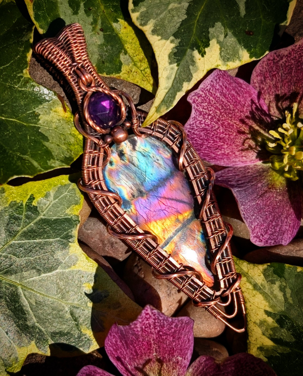 Labradorite & Amethyst Antiqued Copper Pendant