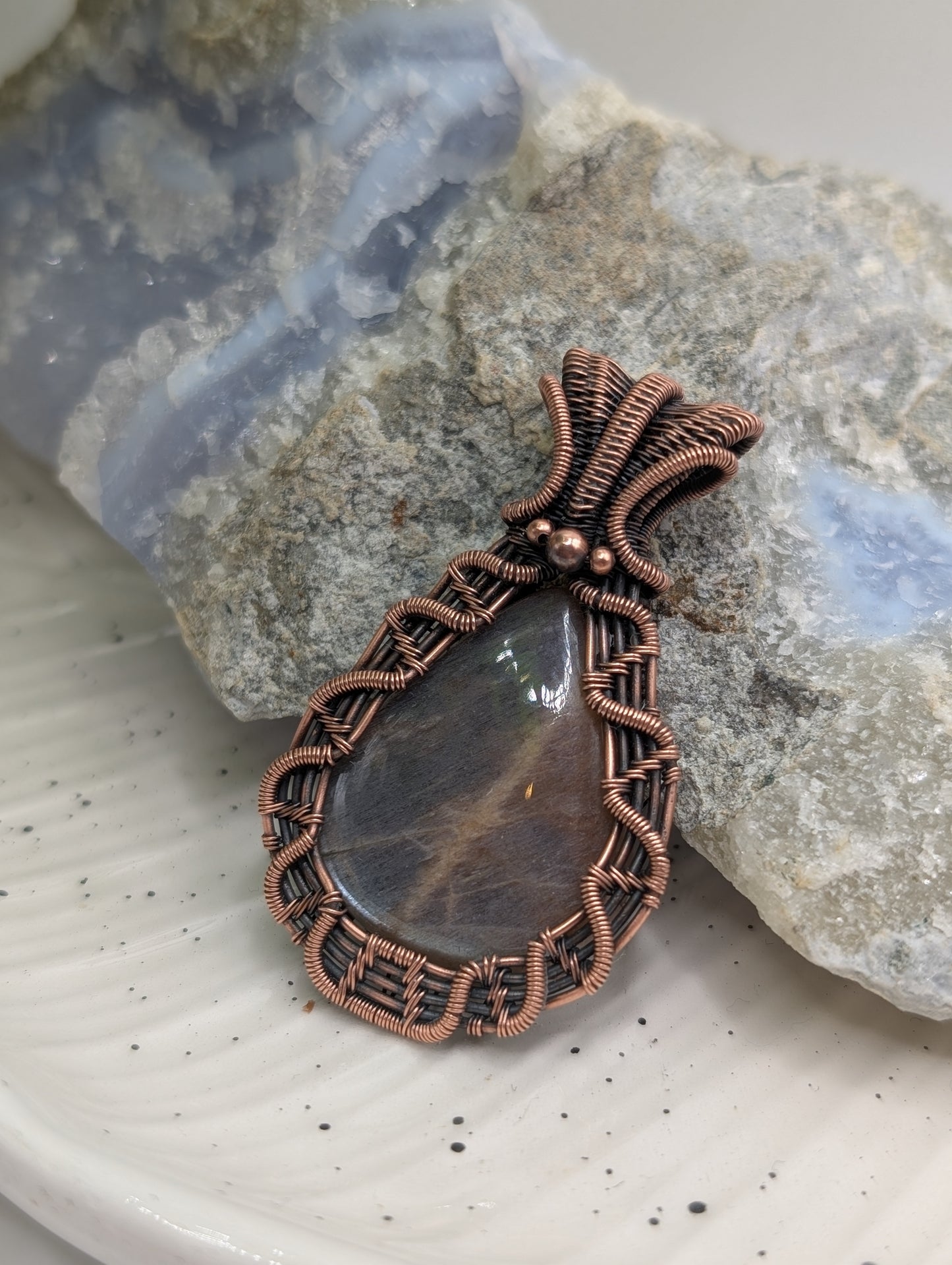 Black Moonstone Antiqued Copper Pendant