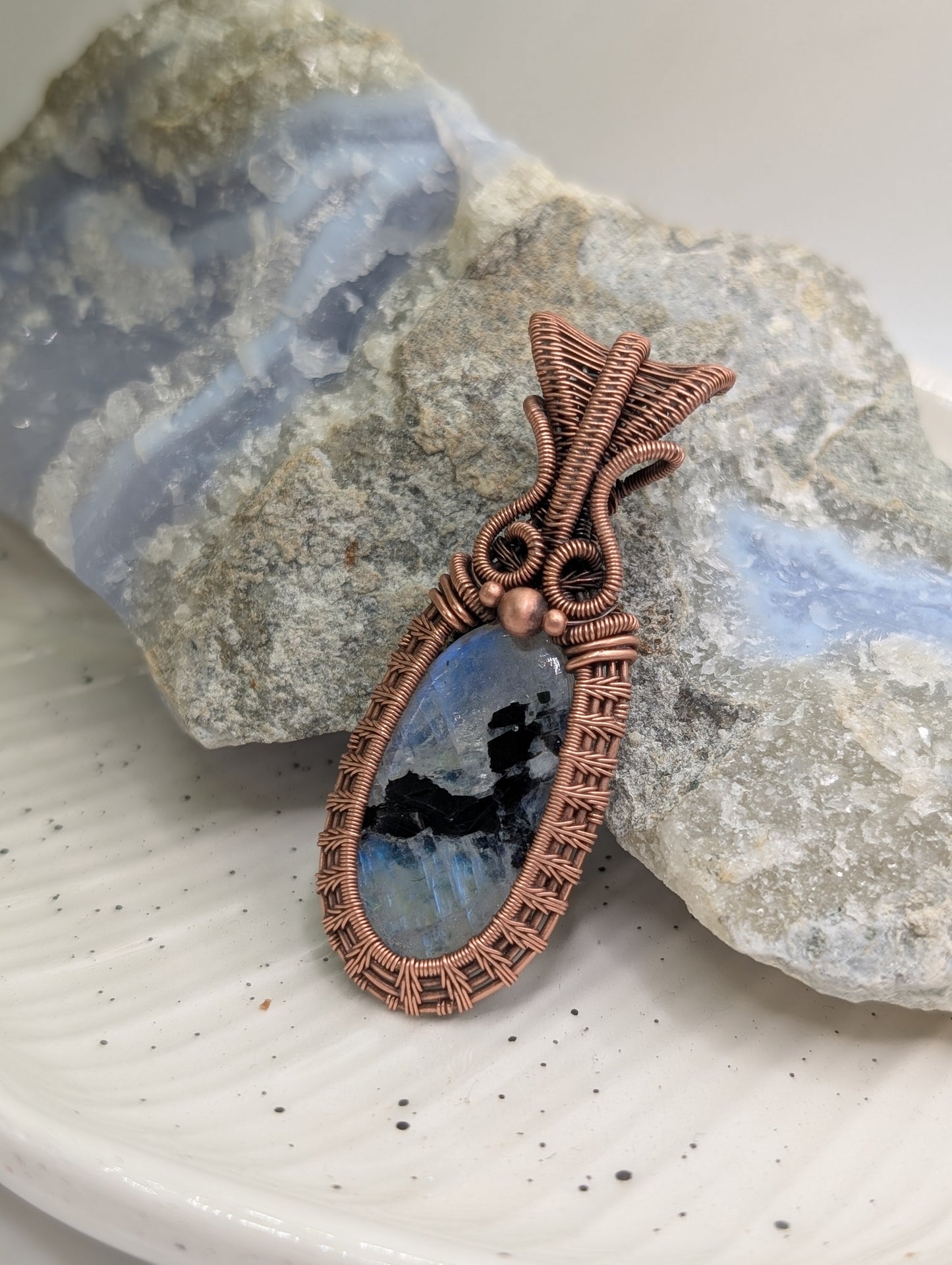 Rainbow Moonstone Antiqued Copper Pendant