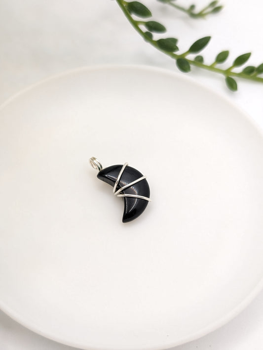 Silver Plated Obsidian Moon Pendant