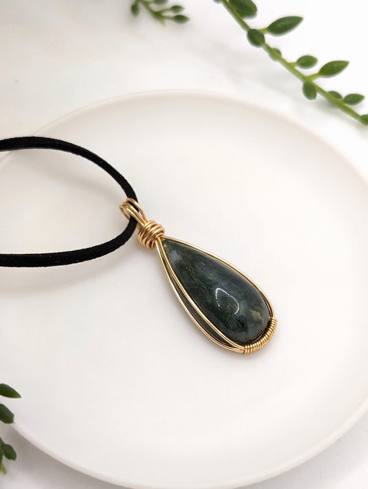 18k Gold Plated Moss Agate Teardrop Necklace