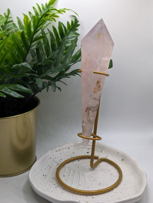 Dendritic Rose Quartz Wand on Gold Stand