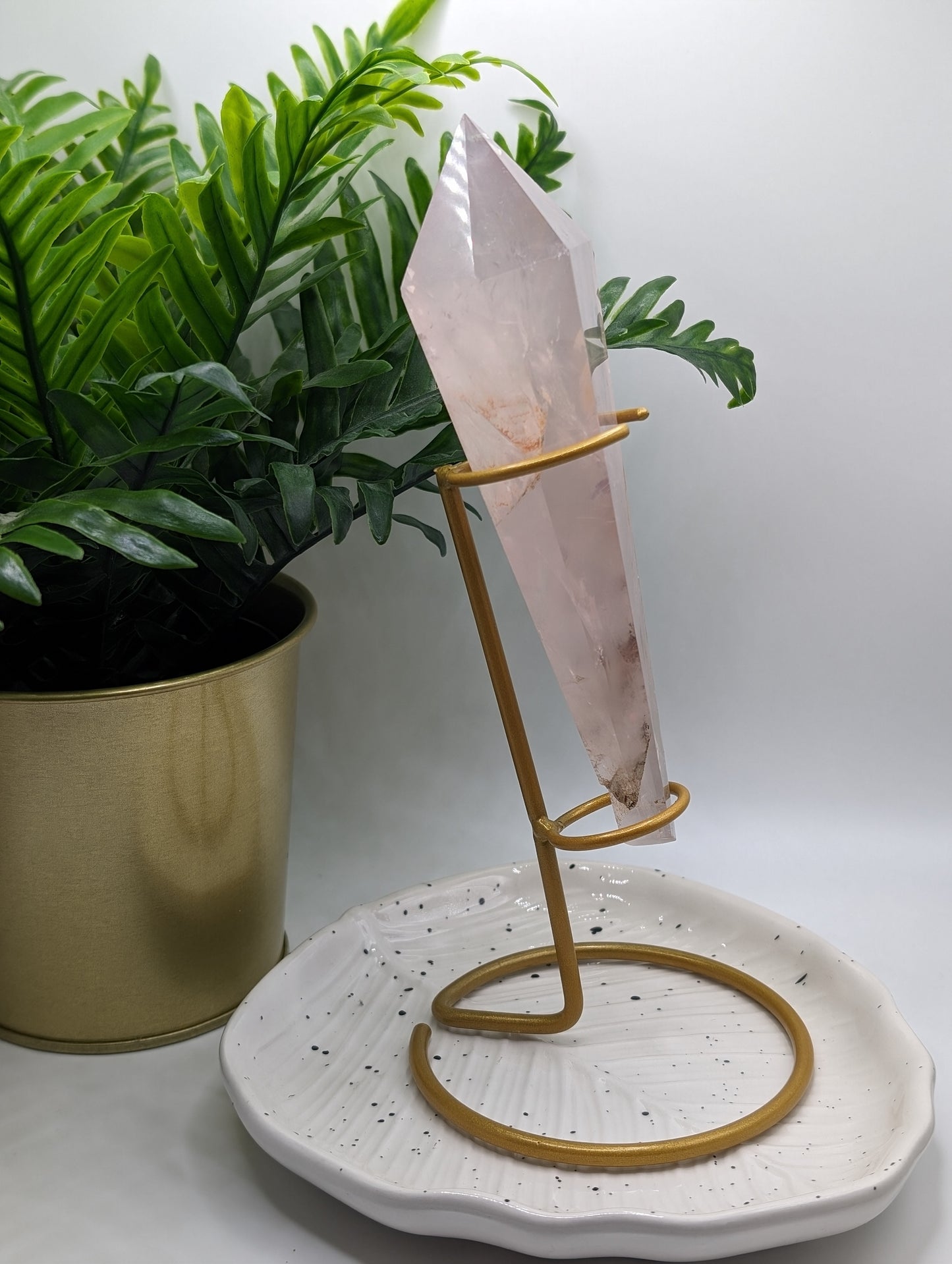 Dendritic Rose Quartz Wand on Gold Stand