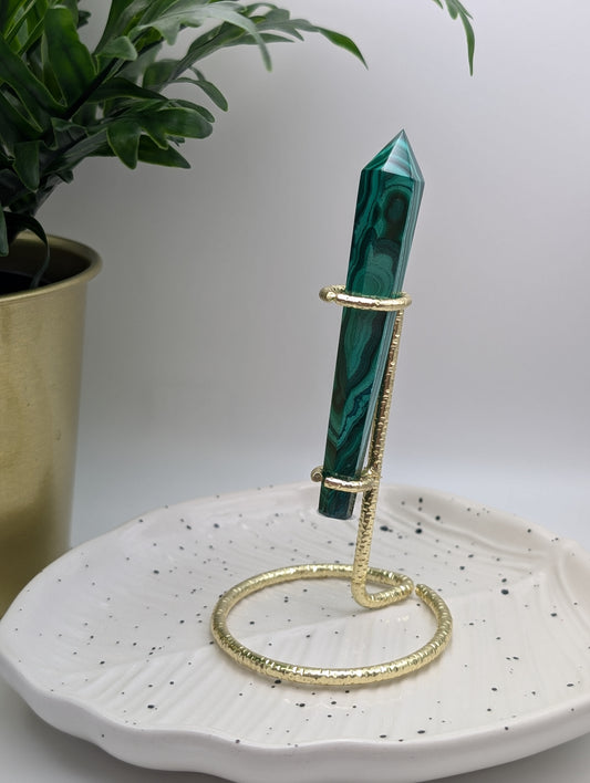 Malachite Wand with Chrysocolla Inclusions on Gold Stand