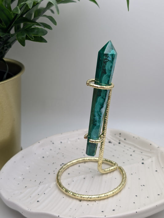 Malachite Wand with Chrysocolla Inclusions on Gold Stand