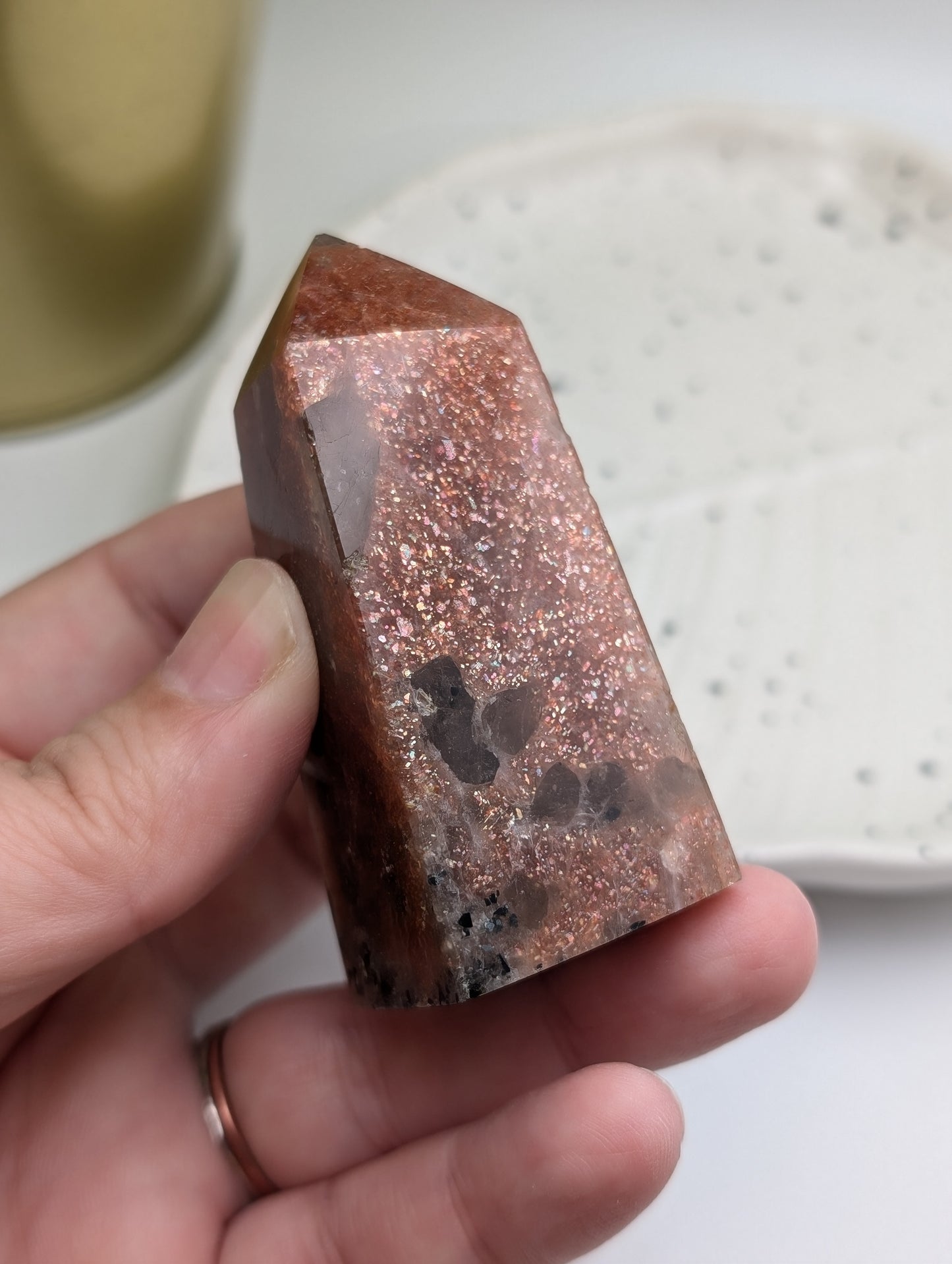 Confetti Sunstone Obelisk with Smokey Quartz Inclusions